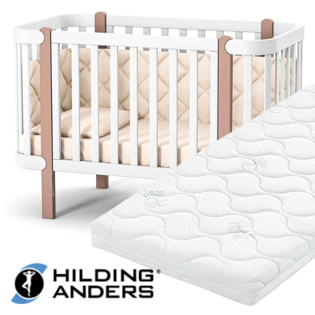 Sada. Dětská postýlka Zukko 120x60 s kvalitní matrací Hilding Anders. Bílá / Cappuccino